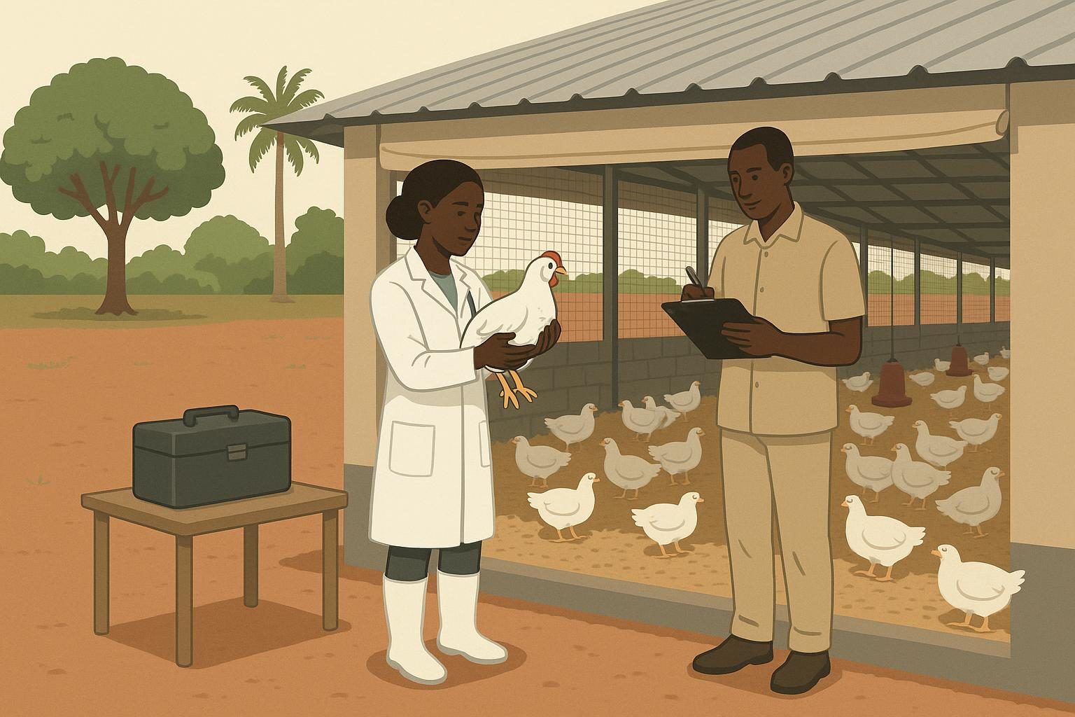 Une vétérinaire examine un poulet devant un bâtiment d’élevage